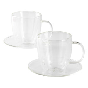 Two double wall glass cappuccino cups with saucers in a set, 2 x 150 ml